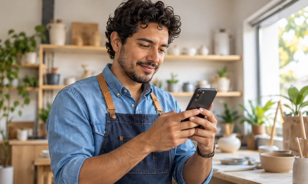 Imagen ilustrativa de un emprendedor usando su teléfono en su negocio