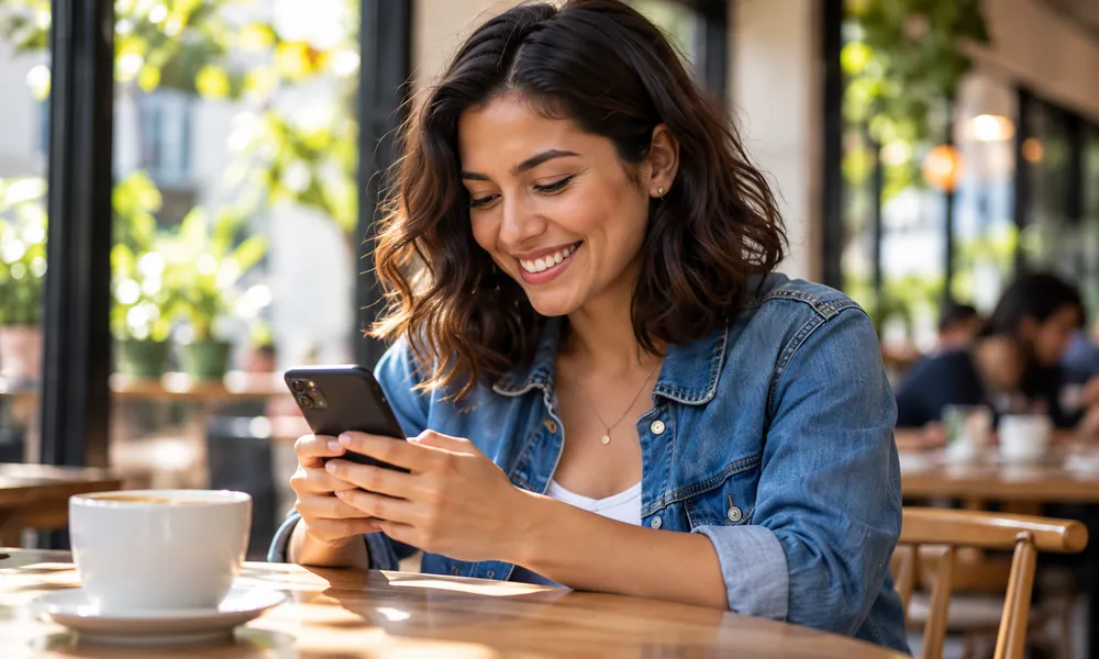 Imagen ilustrativa de una mujer usando su teléfono en una cafetería