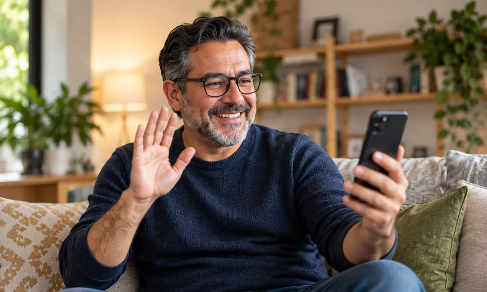 Imagen ilustrativa de un hombre saludando durante una videollamada desde casa