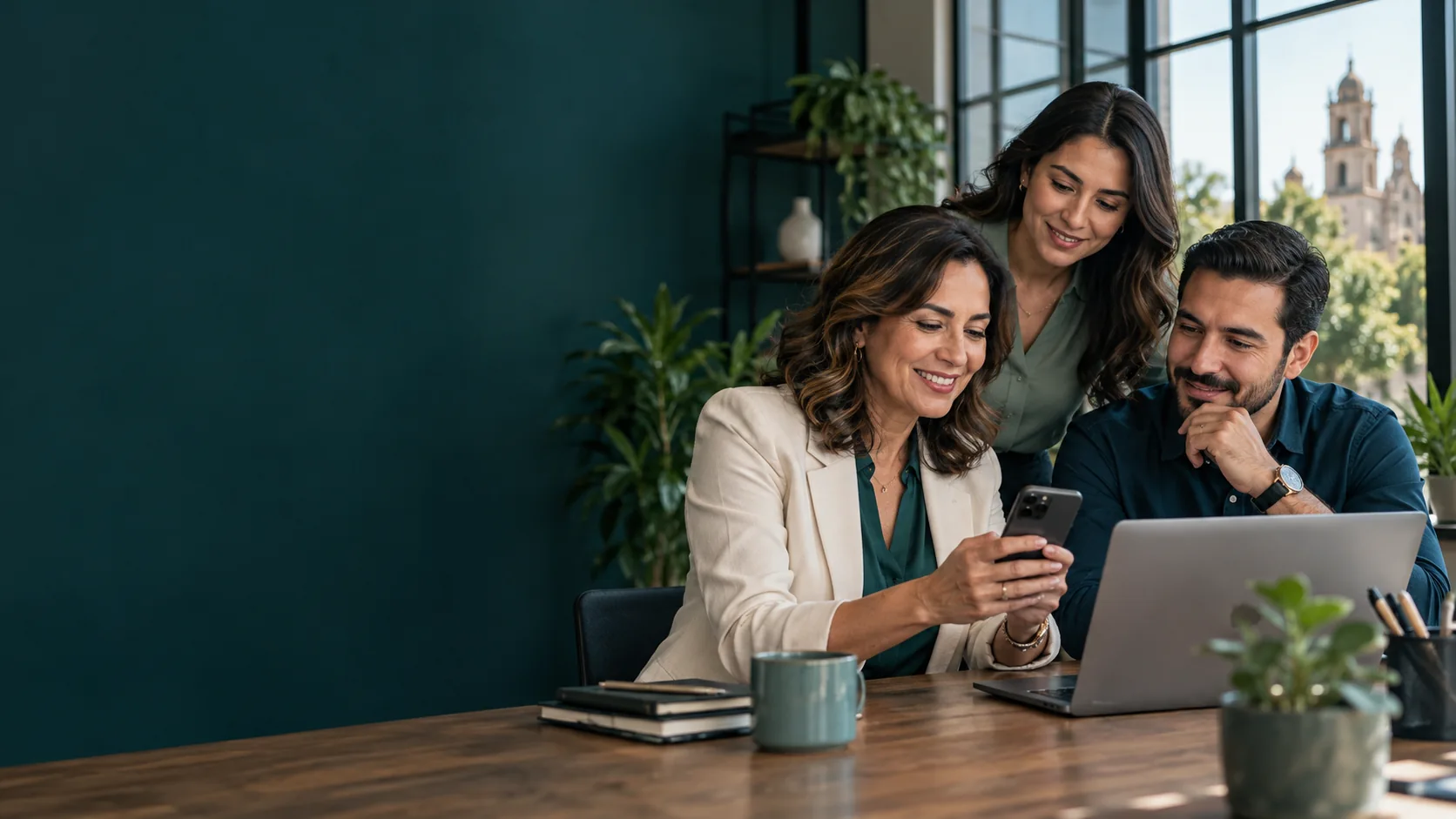 Equipo de una pequeña empresa trabajando con teléfono y computadora