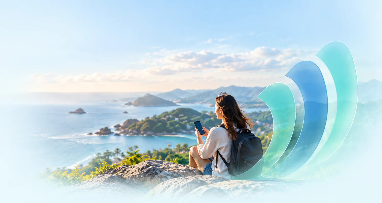 Viajera consultando su teléfono junto a la costa; imagen ilustrativa