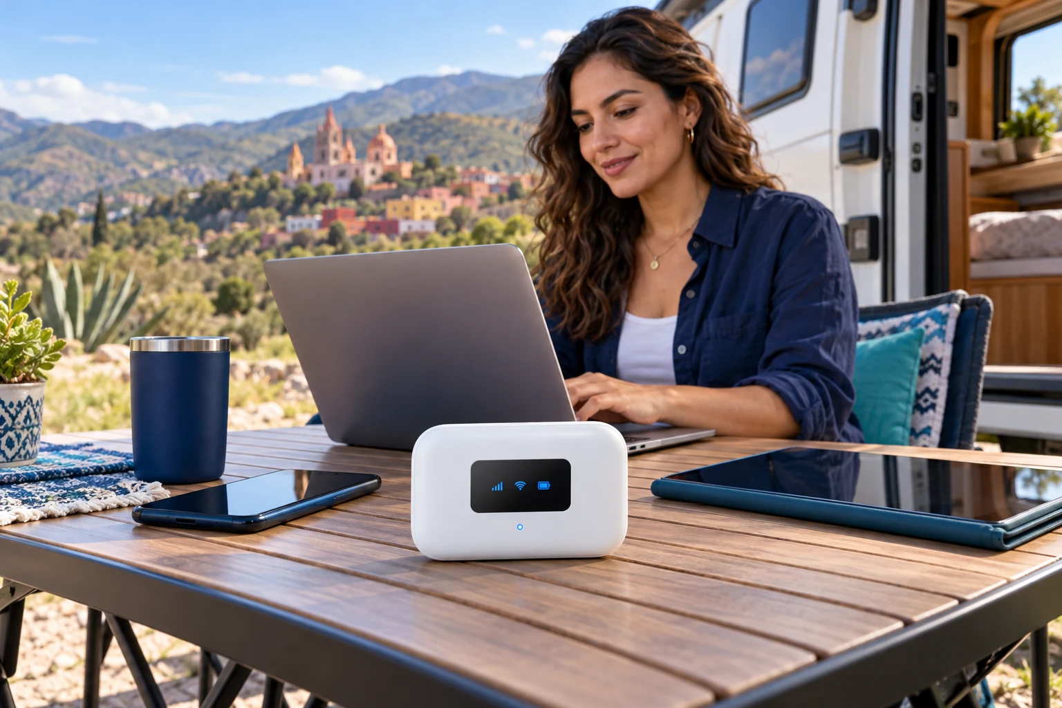 Profesional trabajando en una terraza con computadora y dispositivo portátil de internet